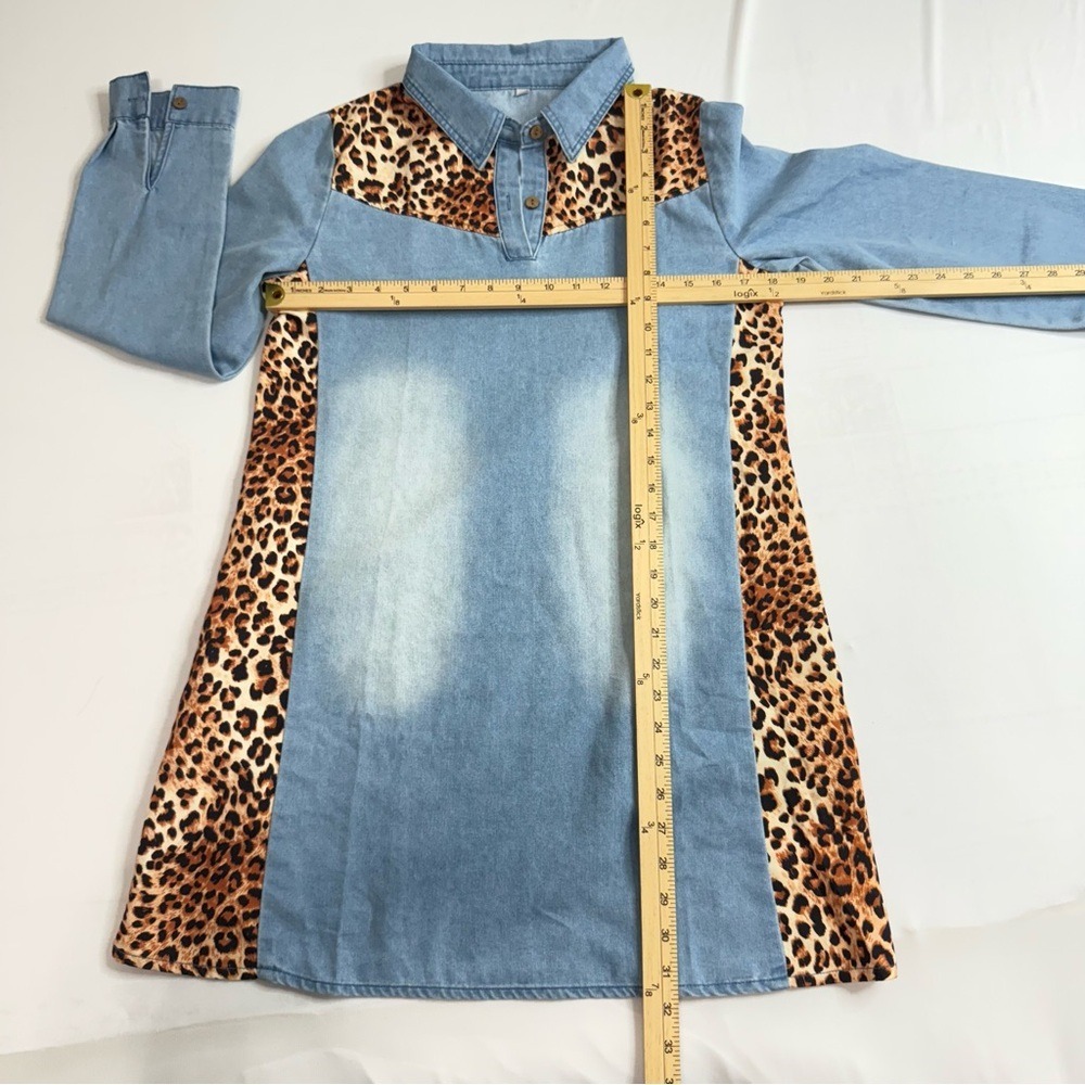 Womens Light Wash Denim Leopard Print Accent Long Sleeve Mini Dress Small - Picture 7 of 7